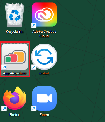 An image of desktop icons: Recycle Bin, Adobe Creative Cloud, AppsAnywhere, restart, Firefox, and Zoom. AppsAnywhere has a red outline for emphasis.