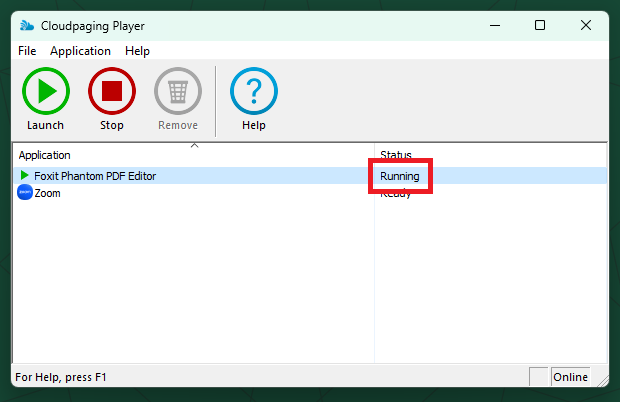 An image of the Cloudpaging Player window showing the status of Foxit Phantom PDF Editor and Zoom. Foxit Phantom is "Running" and Zoom is "Ready". "Running" is outlined in red for emphasis.